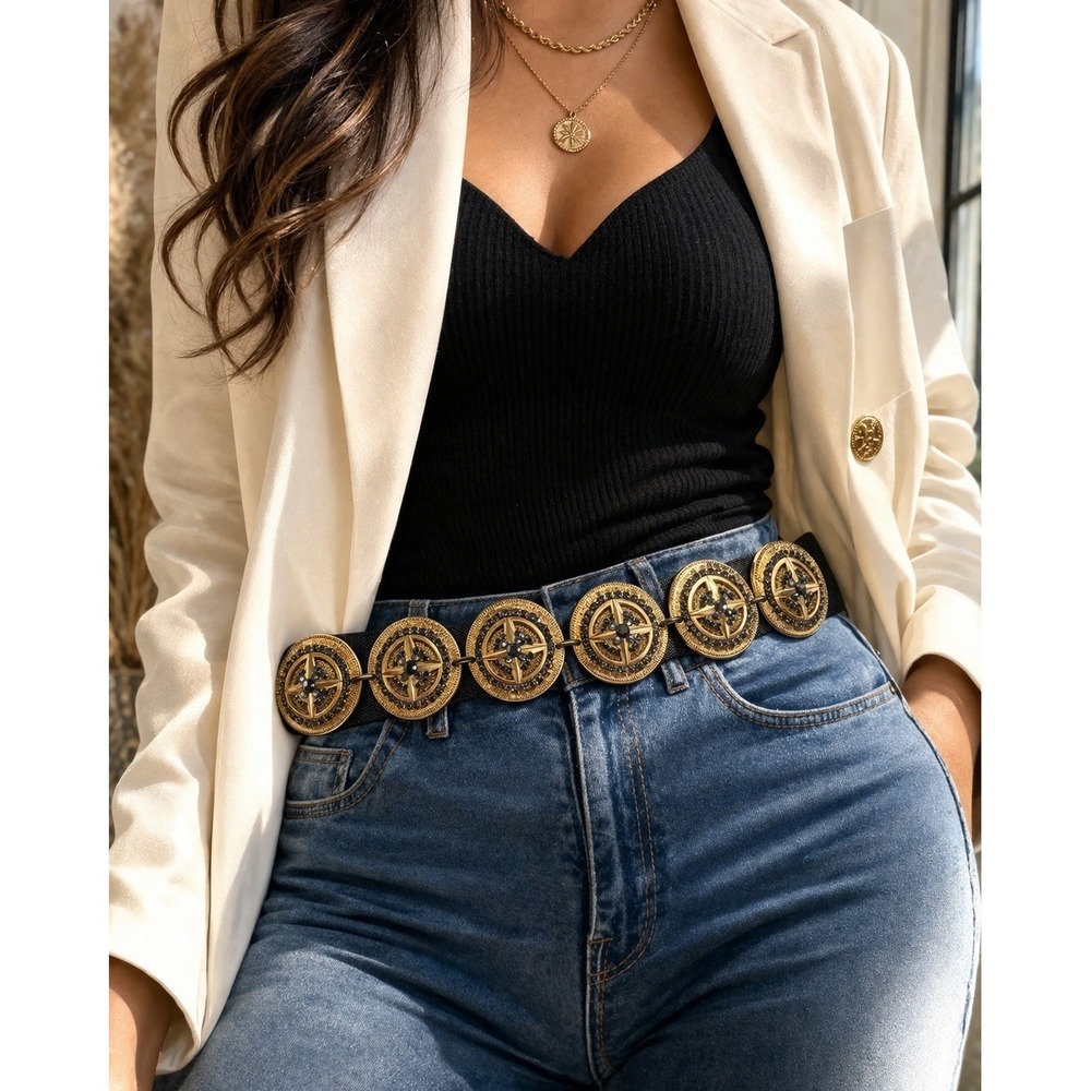 Vintage Gold Medallion Coin Stretch Belt‎ Wide Disc Boho Statement Waist 80's